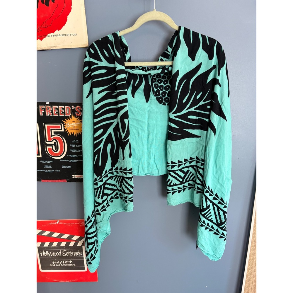 Casual Movements Turquoise Black Tropical Leaf Rayon Sarong Wrap One Size
